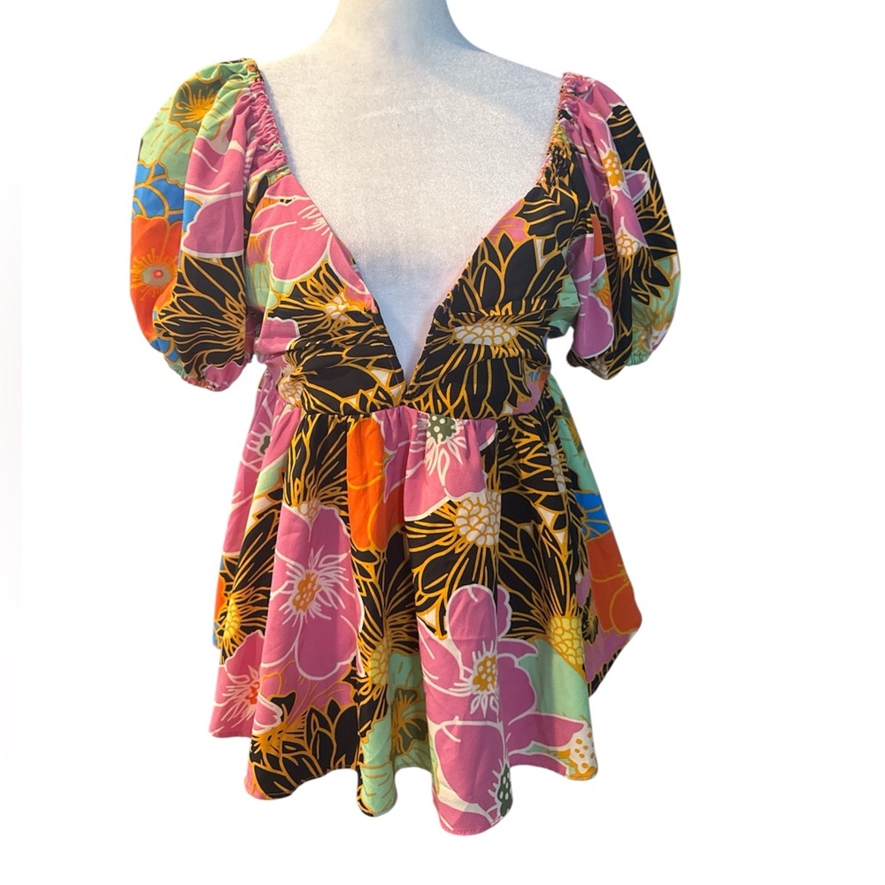 entro Multicolor Floral Puff Sleeve Top — Pink, Black, Orange, Green, Blue